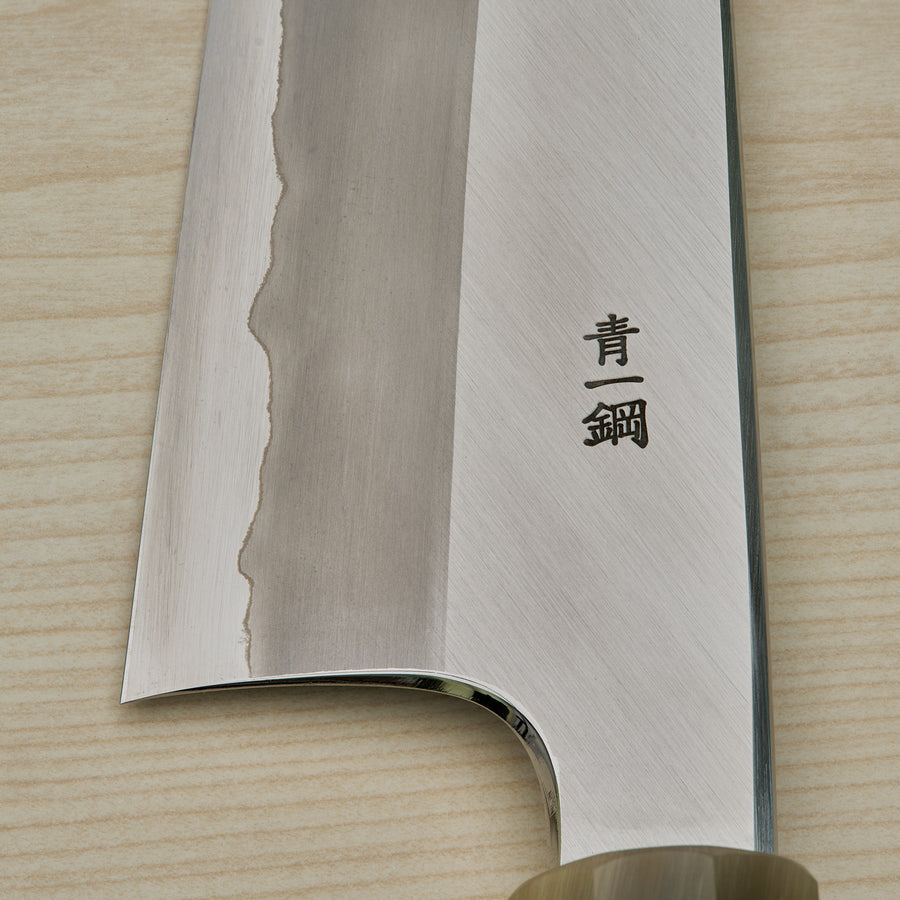 Hitohira Togashi Blue #1 Stainless Clad Migaki Gyuto 210mm Taihei Makassar Ebony Handle