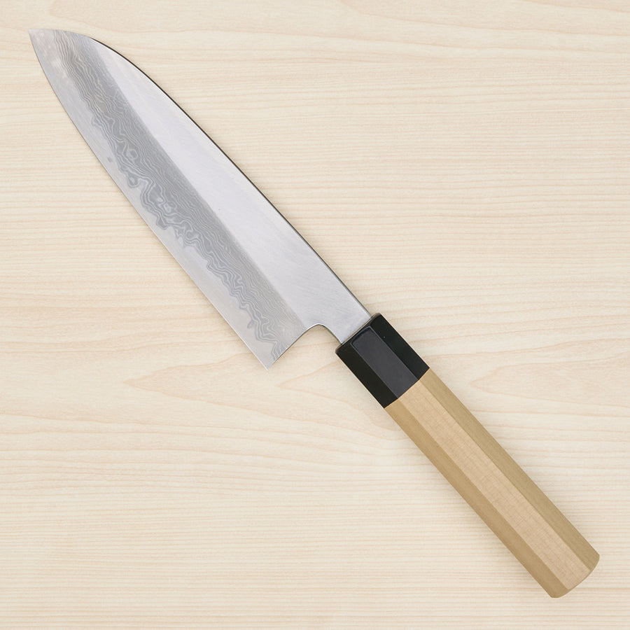 Hitohira Gorobei Ren White #2 Damascus Santoku Ho Wood Handle