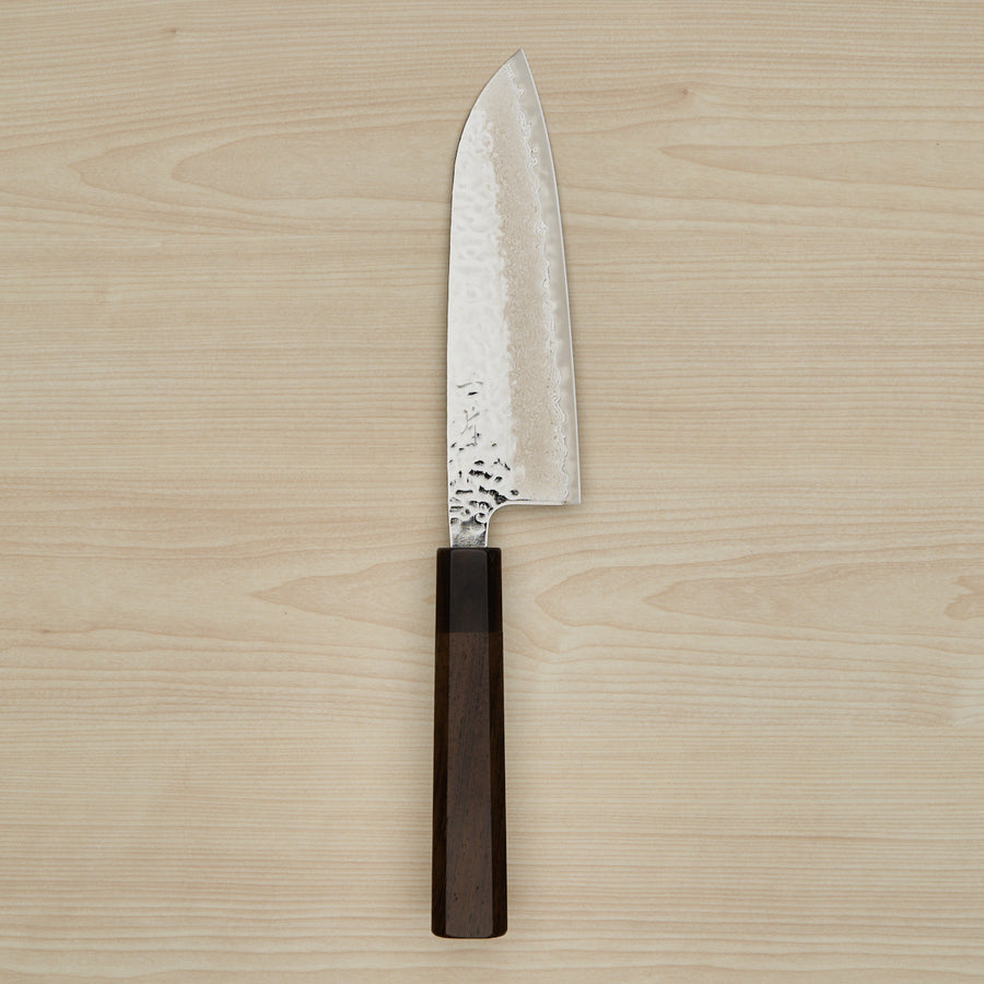 Hitohira Futana Stainless Polished Tsuchime Damascus Santoku 170mm Tagayasan Handle