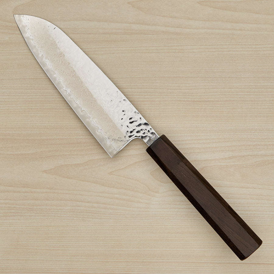 Hitohira Futana Stainless Polished Tsuchime Damascus Santoku 170mm Tagayasan Handle