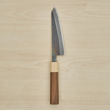 Hitohira TD Blue #2 Stainless Clad Kurouchi Honesuki Kaku 150mm Walnut Handle