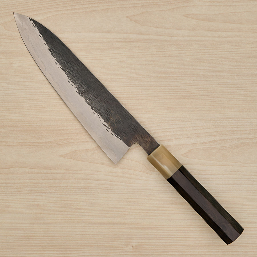 Isamitsu White #1 Stainless Clad Kurouchi Gyuto 210mm Ebony Handle