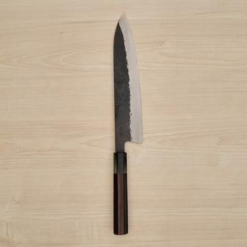 Isamitsu Blue Super Stainless Clad Kurouchi Gyuto 240mm Taihei Makassar Ebony Handle