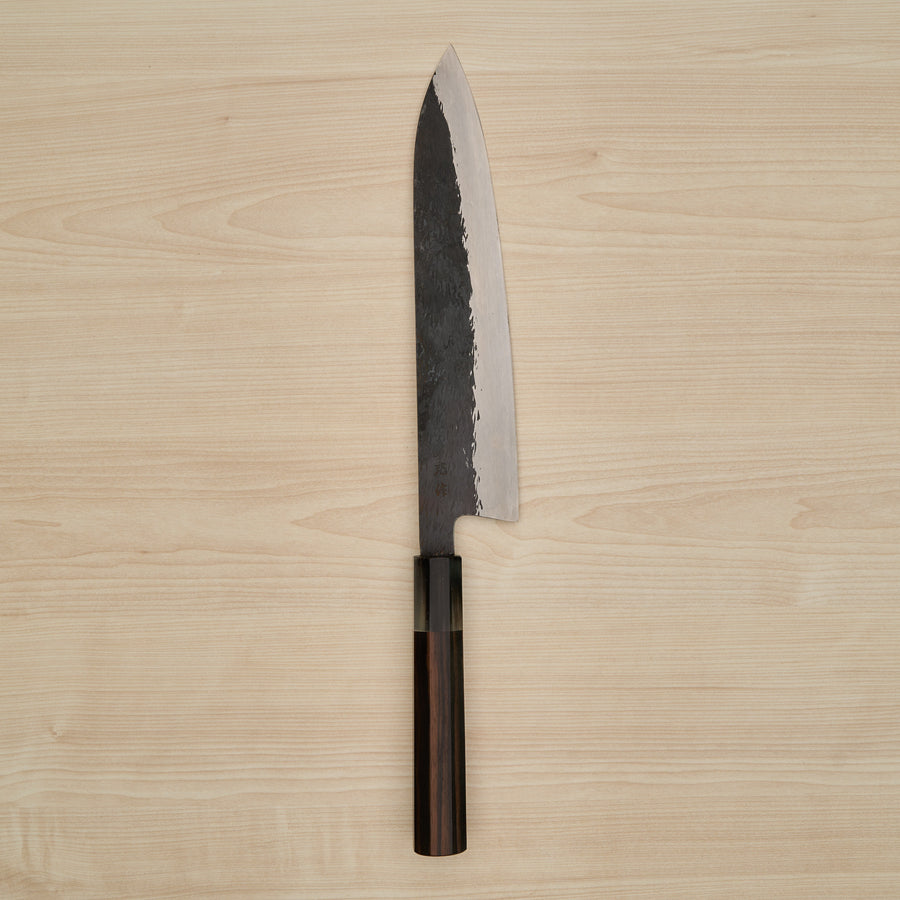 Isamitsu Blue Super Stainless Clad Kurouchi Gyuto 240mm Taihei Makassar Ebony Handle