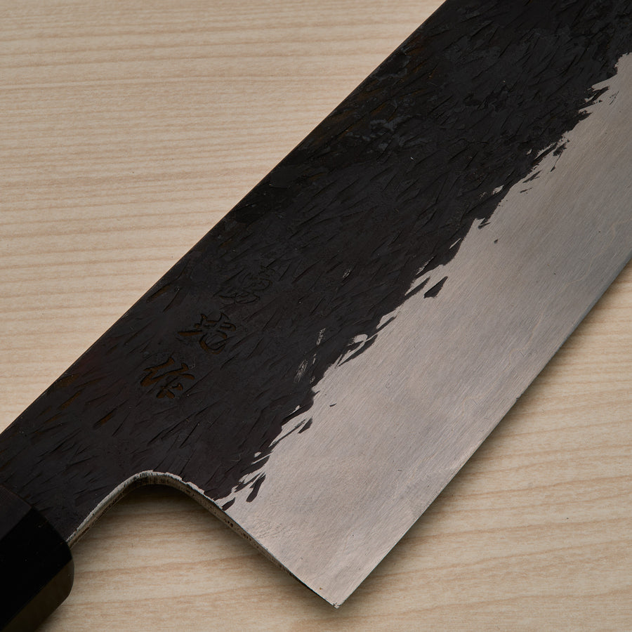 Isamitsu Blue Super Stainless Clad Kurouchi Gyuto 240mm Taihei Makassar Ebony Handle