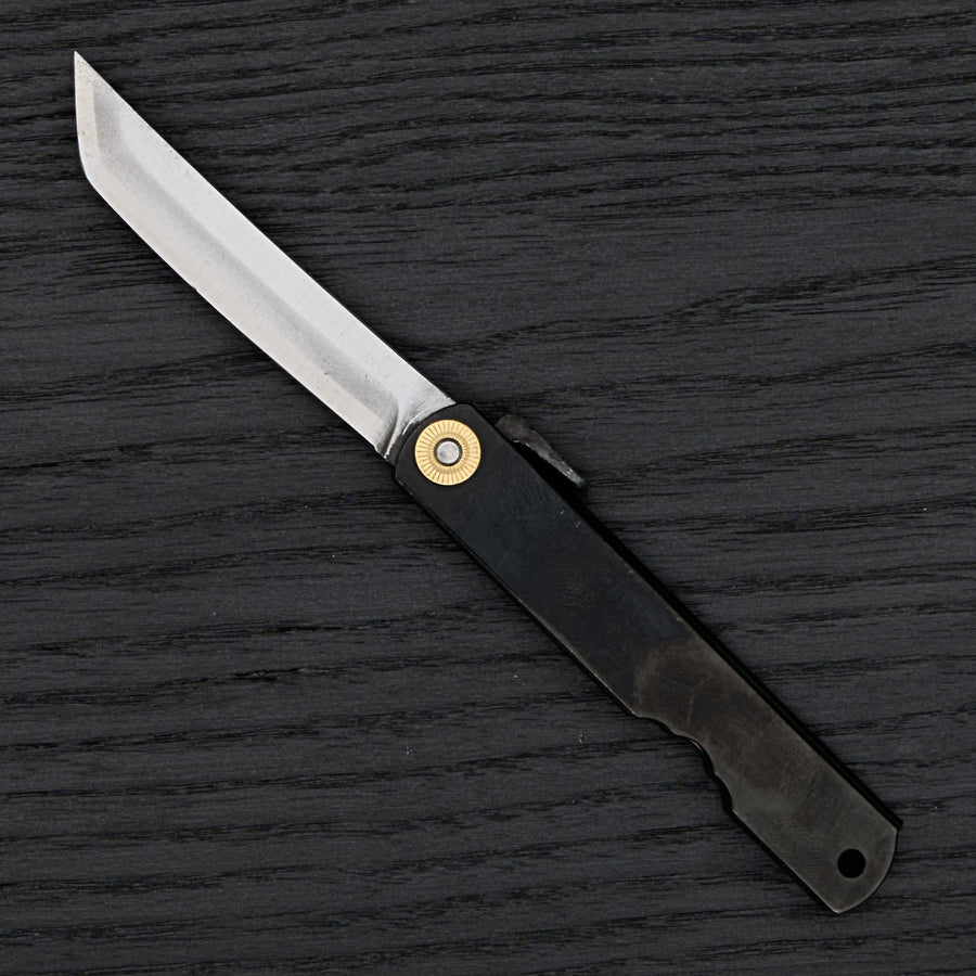 Higonokami White Steel Sakimaru Folding Knife Large Brass Handle (Black)