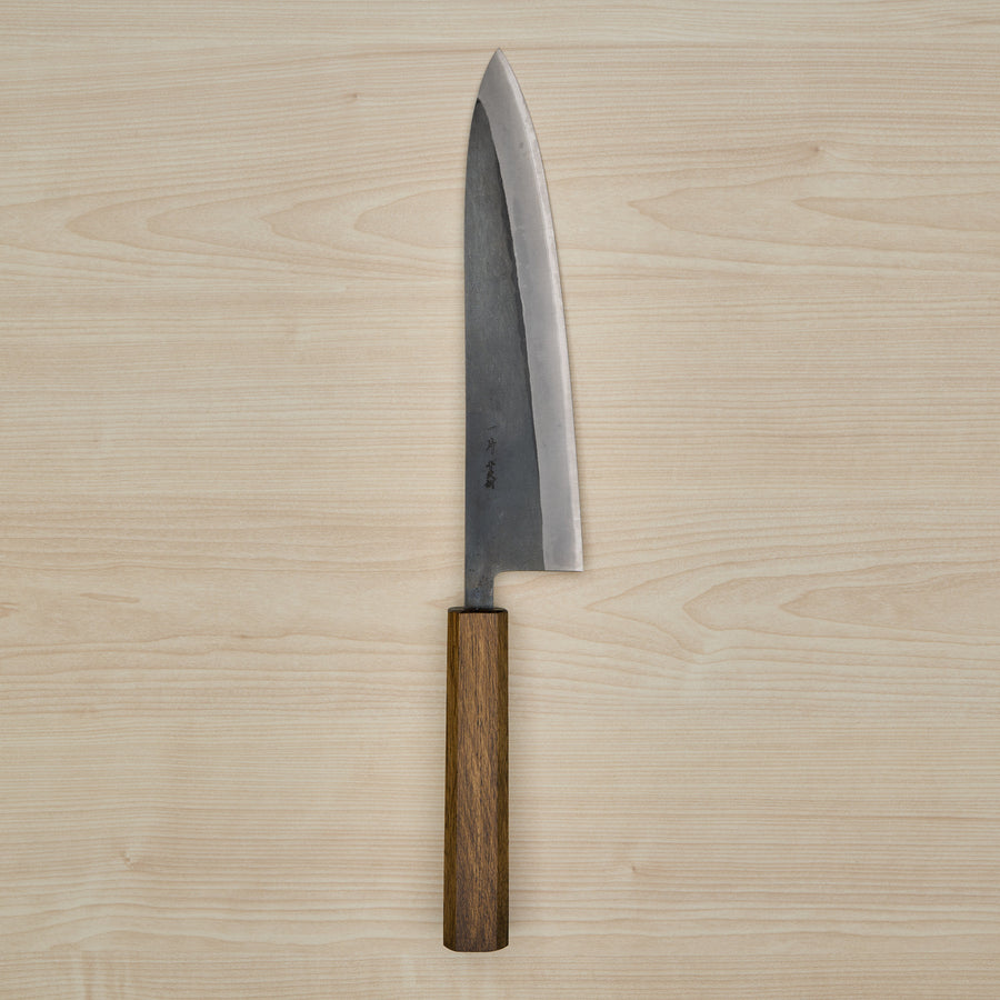 Hitohira TD Blue #2 Stainless Clad Kurouchi Gyuto 210mm Lacquered Mono Oak Handle Dark