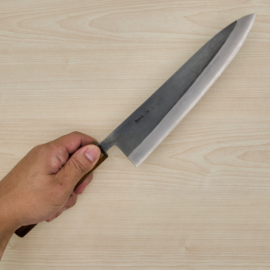 Hitohira TD Blue #2 Stainless Clad Kurouchi Gyuto 210mm Lacquered Mono Oak Handle Dark